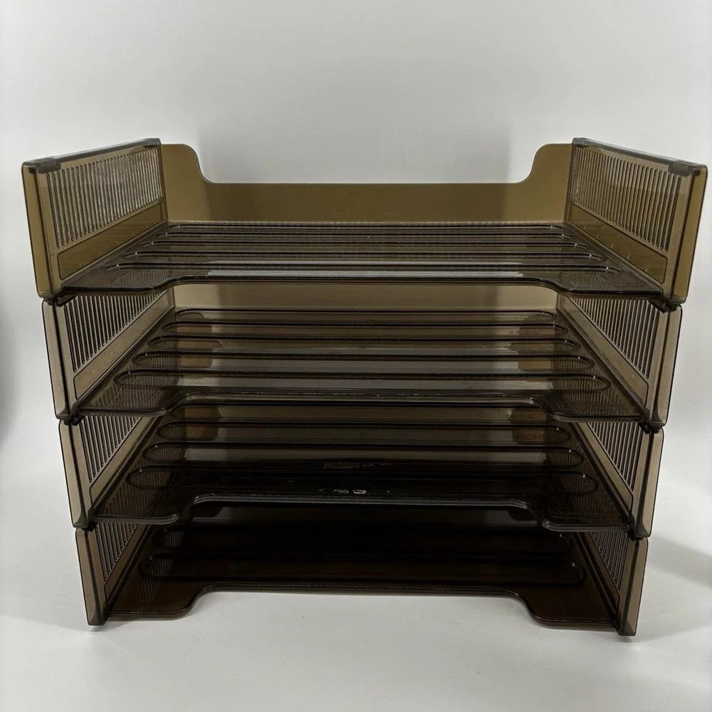 Vintage Rubbermaid Stackable Letter Trays Set of 4 Smoke Brown Plastic Office